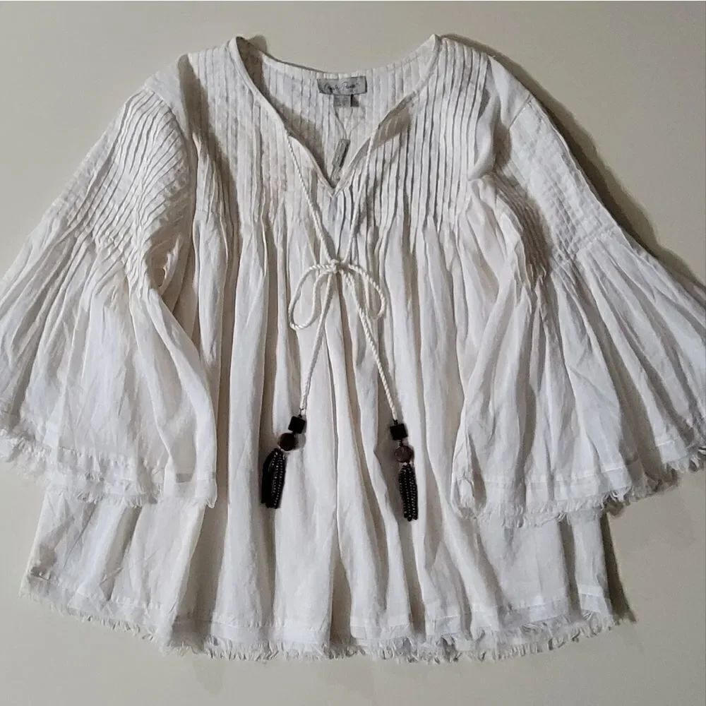 Charlie Paige Women's Ivory Pintuck Boho Top